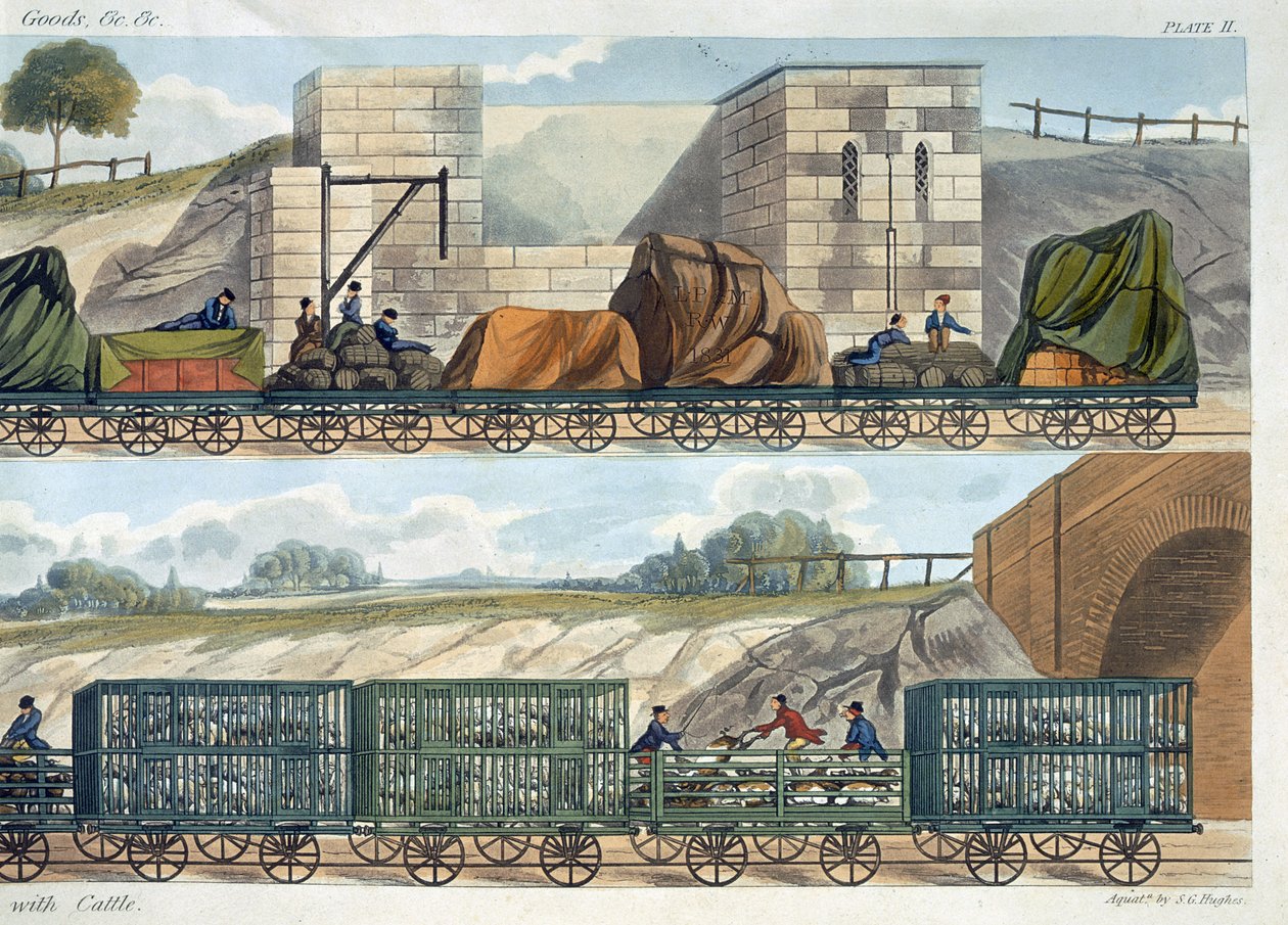 Vaunujuna (ylhäällä) ja karja-, lammas- ja sikajuna (alhaalla) kuvasta "Coloured View of the Liverpool und Manchester Railway", kaiverrettu S.G. Hughesin toimesta, julkaissut Ackermann und Co., Lontoo, 18323. tekijältä Thomas Talbot Bury