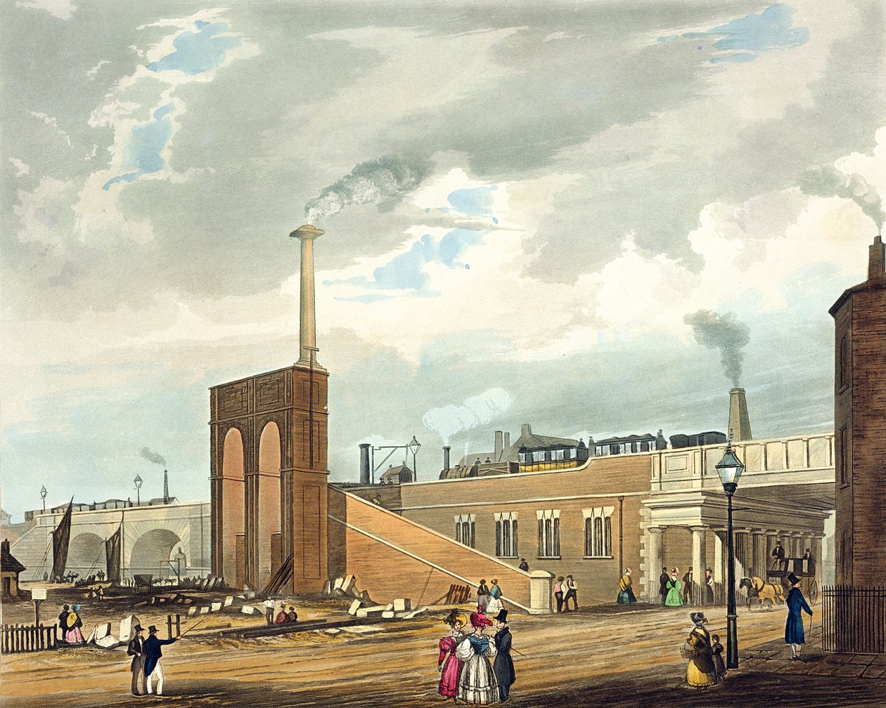 Sisäänkäynti Manchesteriin Water Streetin toisella puolella, levy 6 julkaisusta "Liverpoolin und Manchester Railwayn värillinen näkymä", julkaisija Ackermann und Co., Lontoo, 1833 tekijältä Thomas Talbot Bury