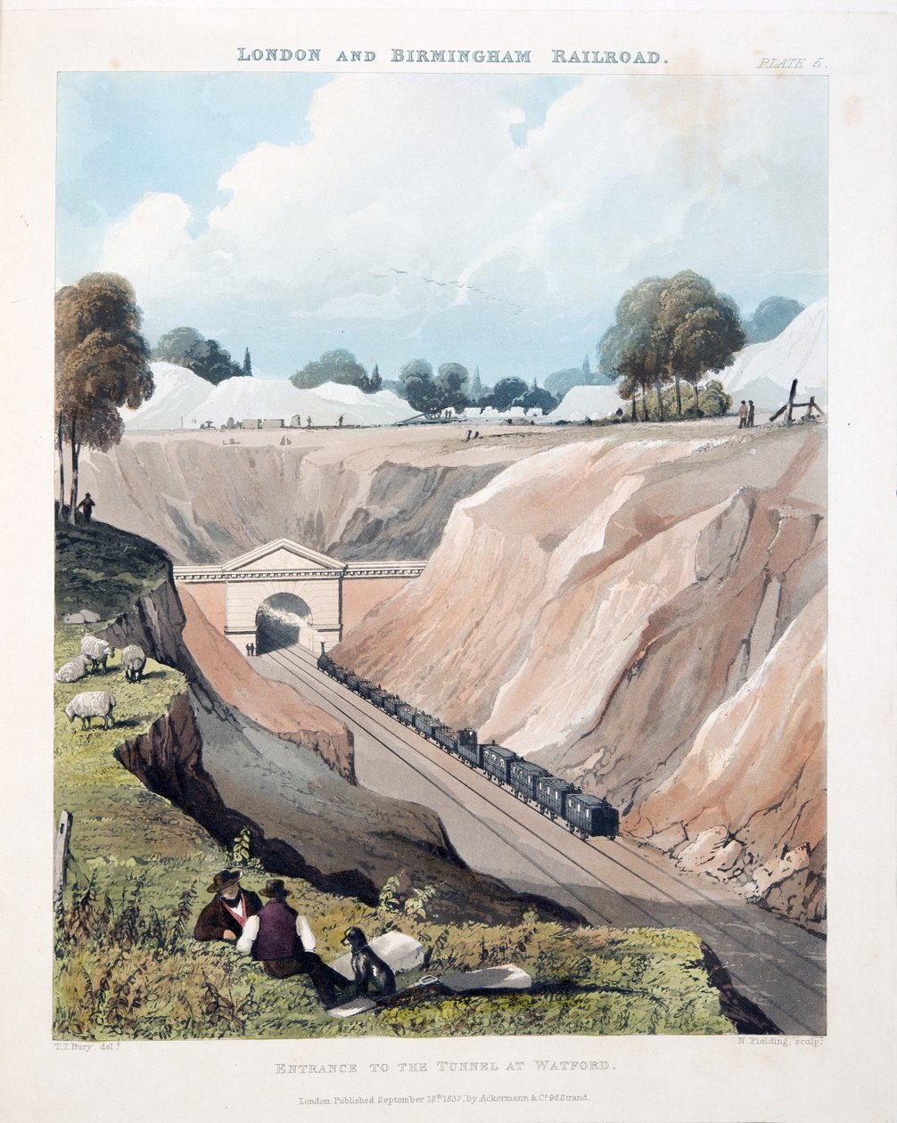 Sisäänkäynti Watfordin tunneliin, 1837 (käsinvärinen kaiverrus) tekijältä Thomas Talbot Bury