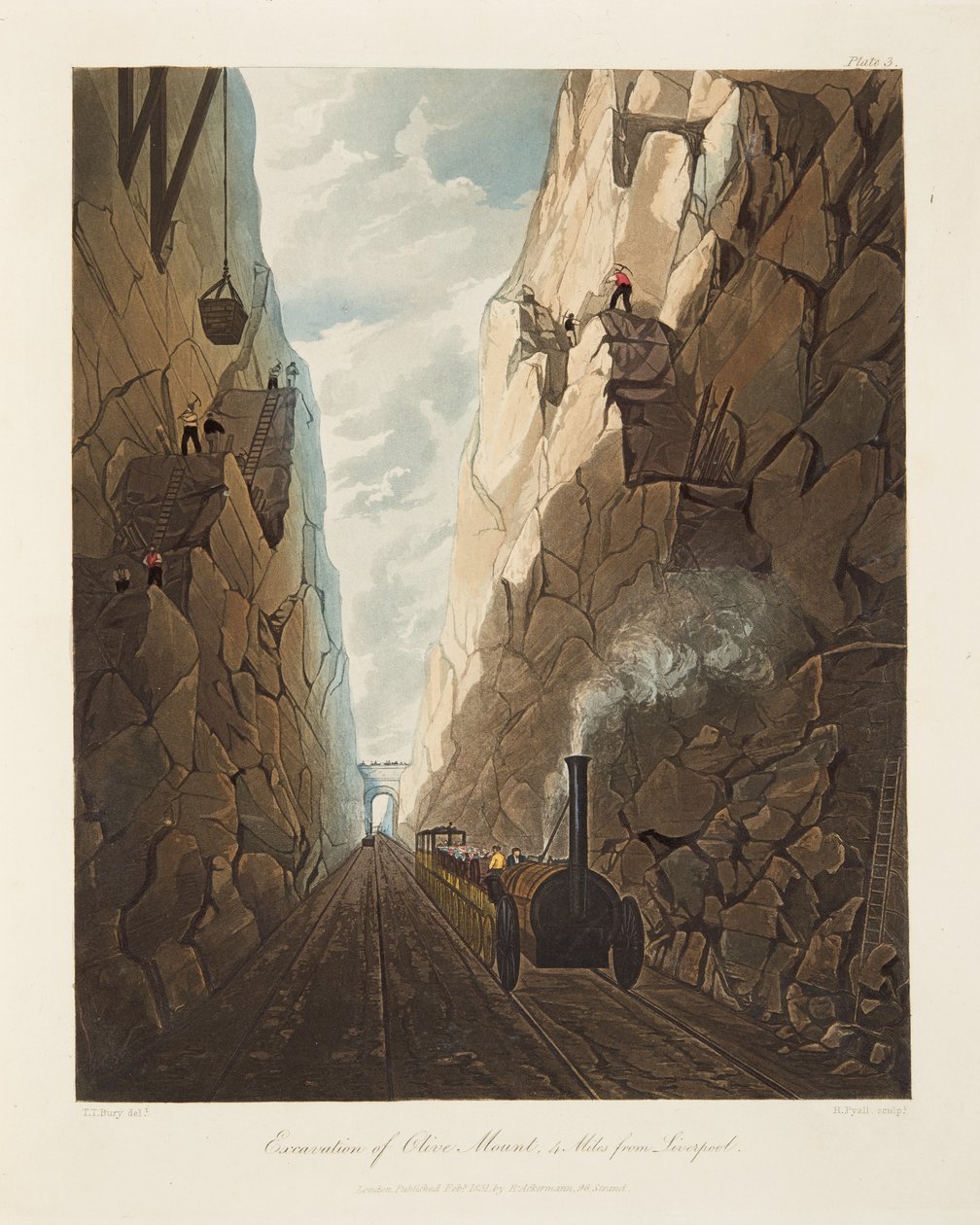 Olive Mountin kaivaukset, 4 mailia Liverpoolista, 1831 (käsin väritetty kaiverrus). tekijältä Thomas Talbot Bury
