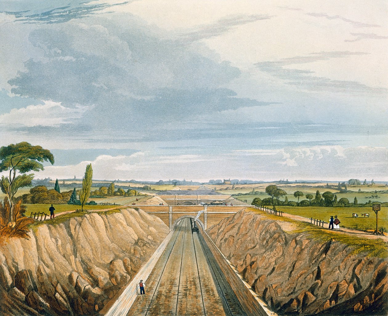 Lähellä Liverpoolia, Manchesteriin päin, levy 11 julkaisusta "Liverpoolin ja Manchesterin rautatien värillinen näkymä", kaiverrus H. Pyall, julkaisija Ackermann und Co., Lontoo, 1833 tekijältä Thomas Talbot Bury