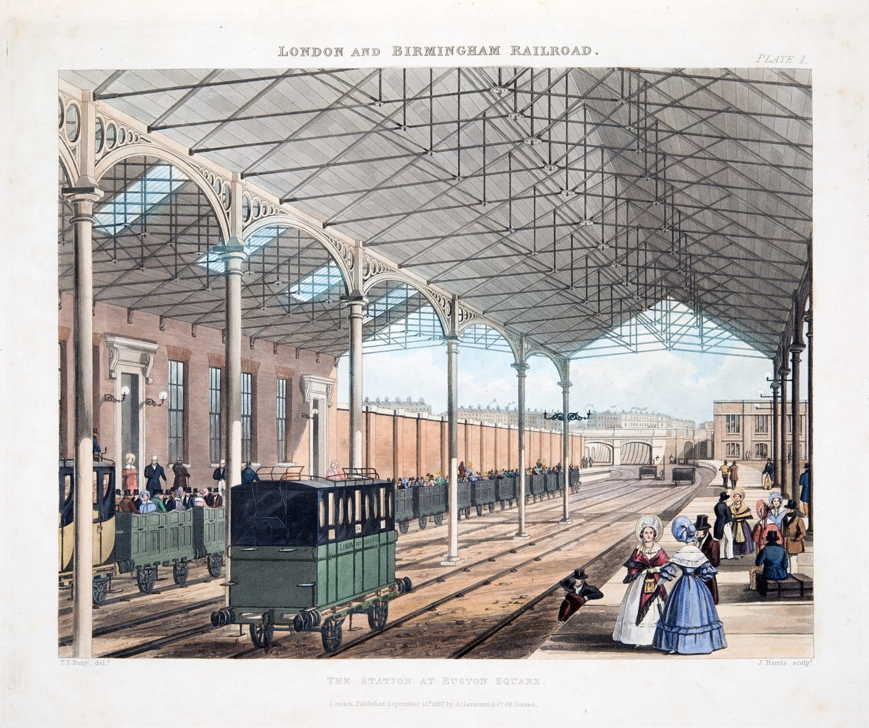 Asema Euston Squarella, 1837 (käsinvärinen kaiverrus) tekijältä Thomas Talbot Bury