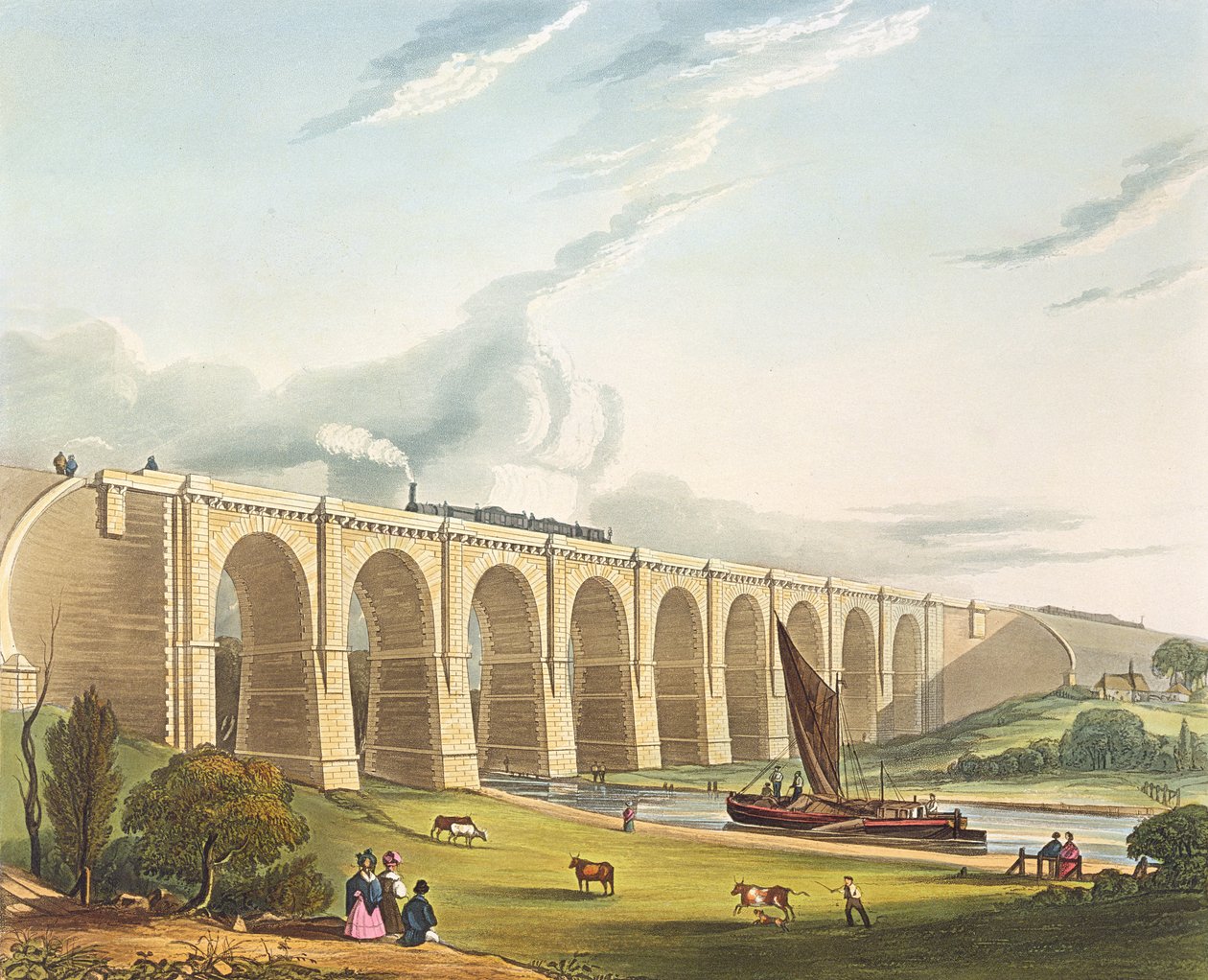 Viadukti Sankey Valleyn poikki, levy 4 "Liverpool and Manchester Railwaysta", kaiverrus Henry Pyall (1795-1833), pubi. kirjoittanut R. Ackermann, 1831 tekijältä Thomas Talbot Bury