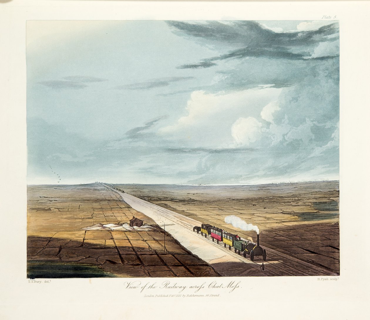 Näkymä rautatielle Chat Mossin poikki, 1831 (käsinvärinen kaiverrus) tekijältä Thomas Talbot Bury
