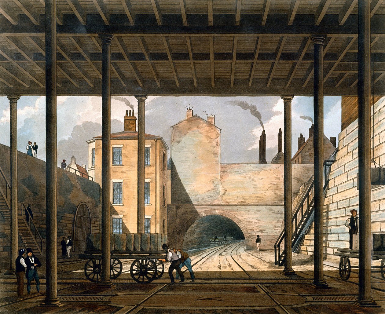 Varastot yms tunnelin päässä Wappingia kohti, levy 9 julkaisusta "Liverpoolin und Manchester Railwayn värillinen näkymä", kaiverrus S.G. Hughes, julkaisija Ackermann und Co., Lontoo, 1831 (väri) tekijältä Thomas Talbot Bury