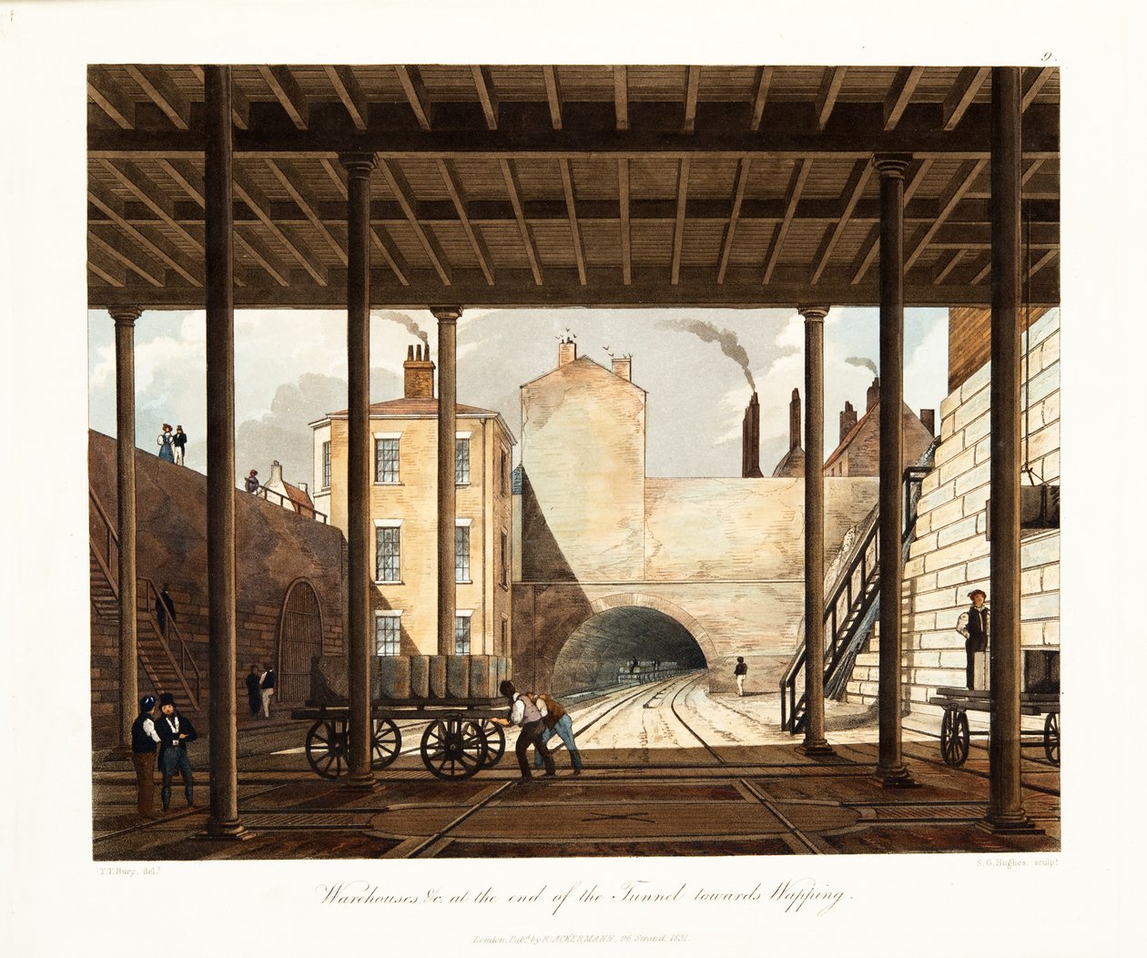 Varastot yms. tunnelin päässä Wappingiin päin, julkaistu 1831 (käsinvärinen kaiverrus) tekijältä Thomas Talbot Bury