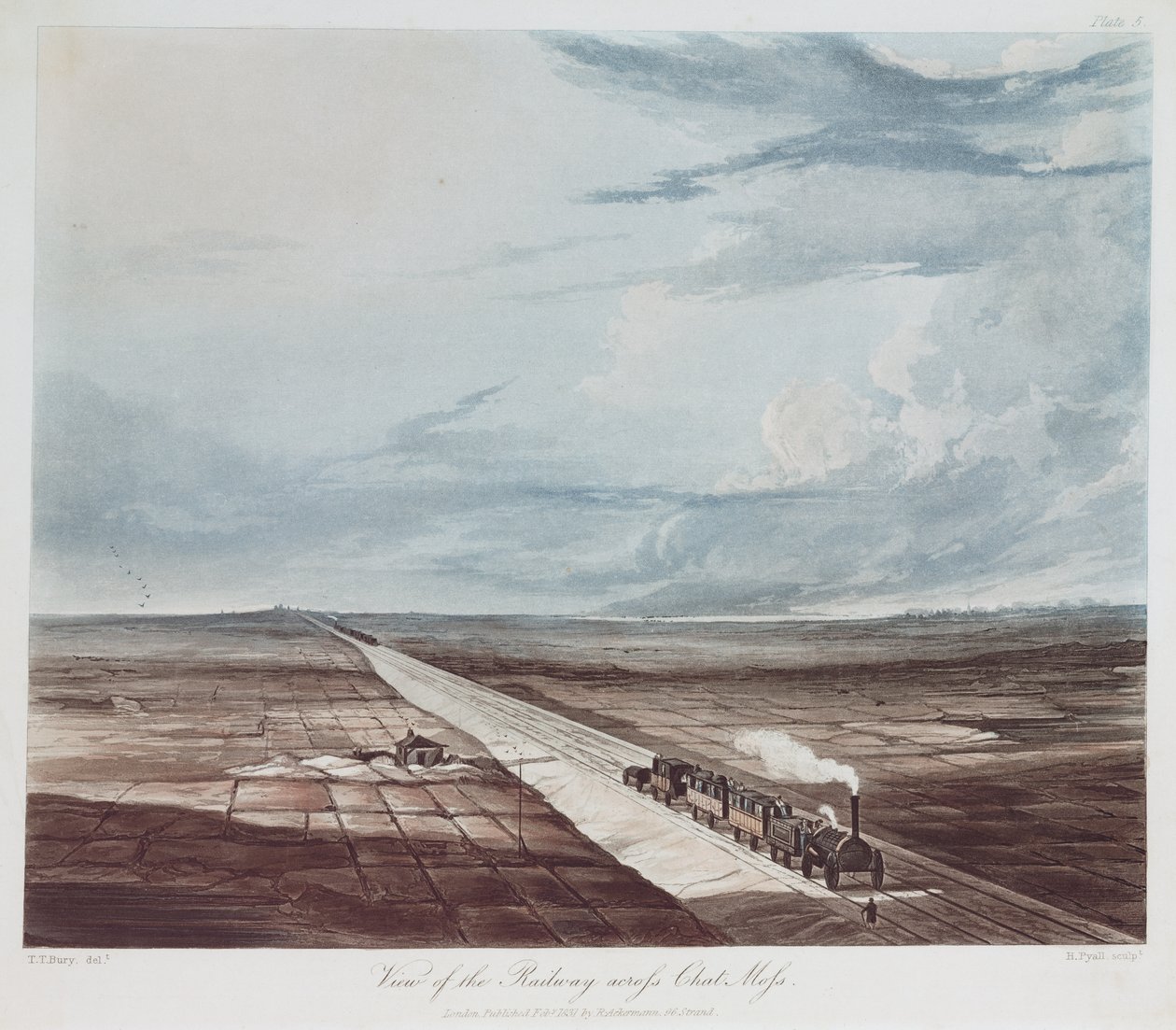 Näkymä rautatien poikki Chat Mossin poikki, kaiverrus Henry Pyall (1795-1833) 1831 (värillinen vesiväri) tekijältä Thomas Talbot after Bury