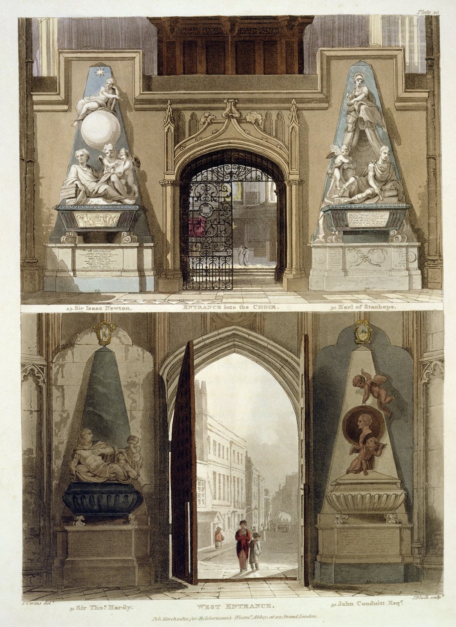 Kuoron sisäänkäynti ja läntinen sisäänkäynti, levy 20 Westminster Abbeystä, kaiverrus J. Bluck (fl.1791-1831) pub. kirjoittanut Rudolph Ackermann (1764-1834) 1812 (akvatinta) tekijältä Thomas Uwins
