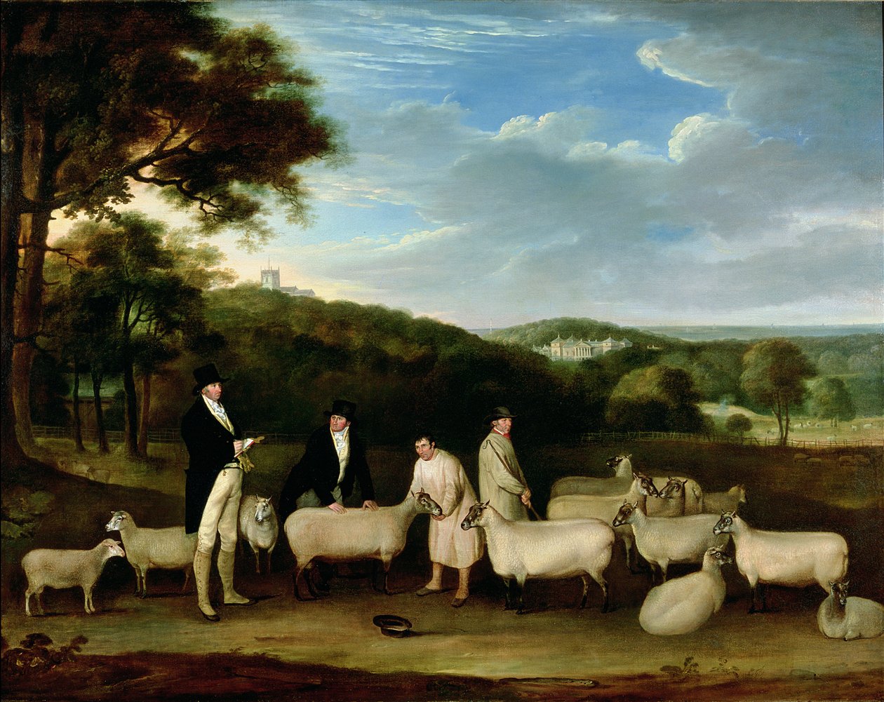 Thomas William Coken muotokuva, Esq. (1752-1842) tarkastamassa joitain South Downin lampaitaan herra Waltonin ja Holkham-paimenten kanssa tekijältä Thomas Weaver