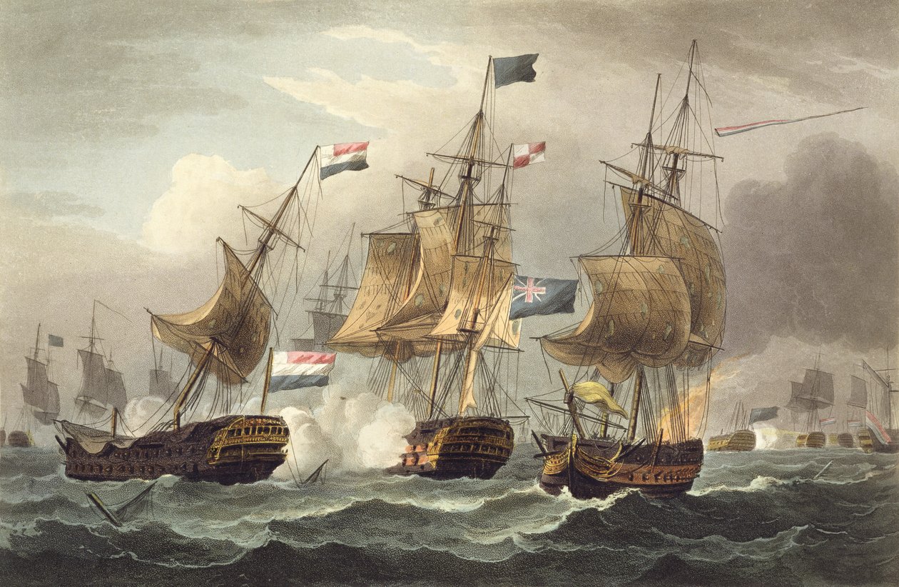 Toiminta Camperdownissa, 11. lokakuuta 1797, kaiverrus Thomas Sutherland J. Jenkinsin teokseen "Naval Achievements", 1816 (värikaiverrus) tekijältä Thomas Whitcombe