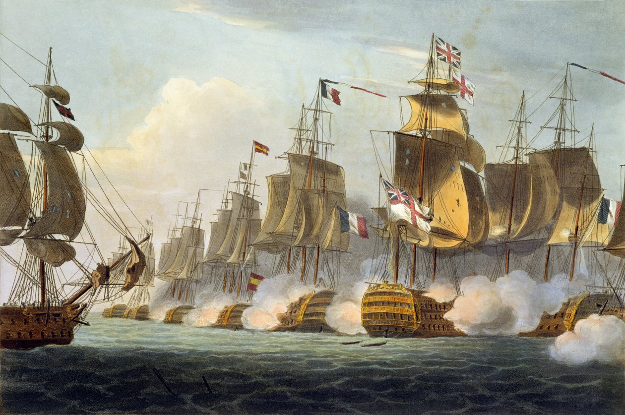 Trafalgarin taistelu, 21. lokakuuta 1805, James Jenkinsin teoksesta The Naval Achievements of Great Britain, kaivertanut Thomas Sutherland (b.c.1785), julkaistu 1816 (käsinvärinen akvatinta) tekijältä Thomas Whitcombe