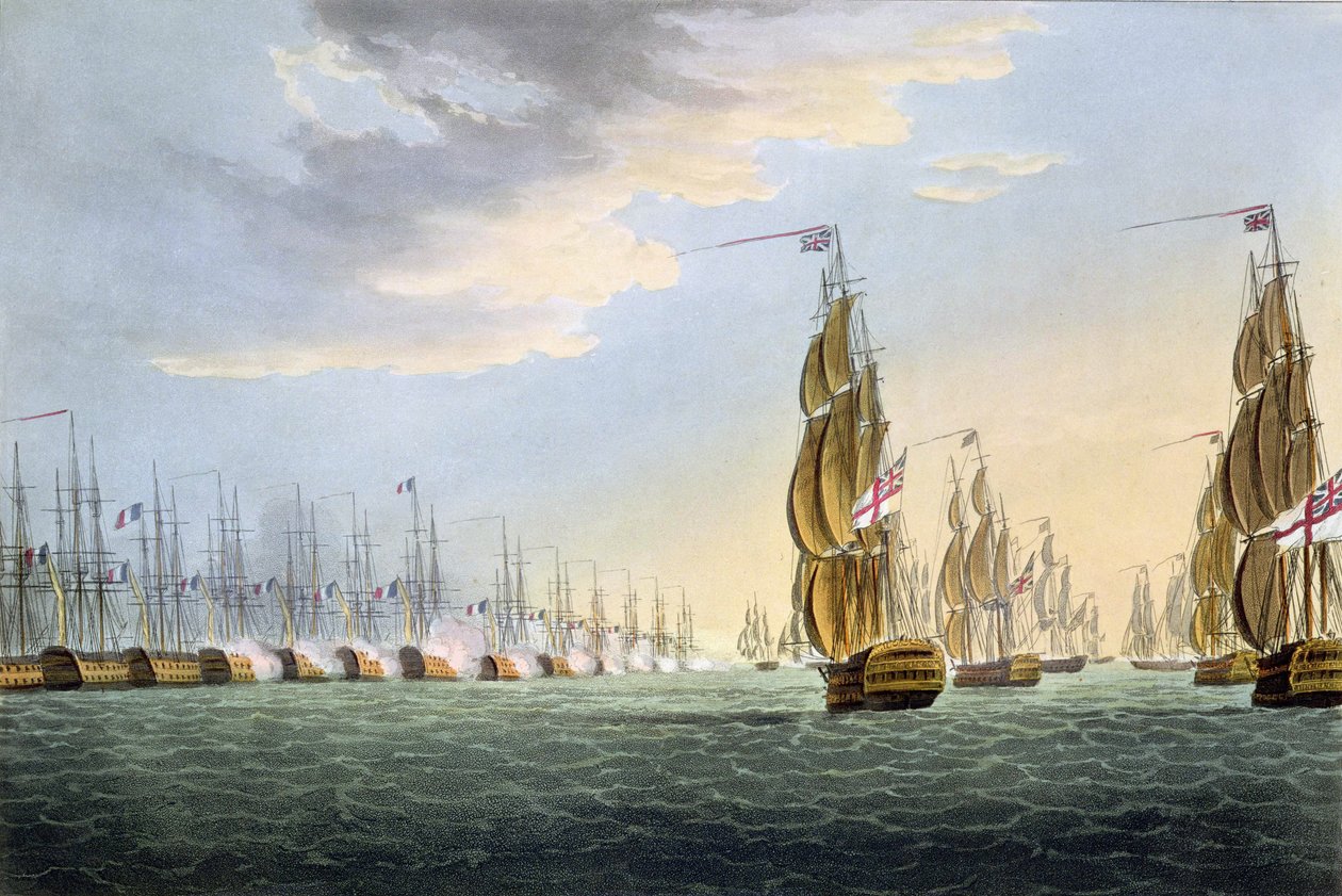 Niilin taistelu, 1. elokuuta 1798, kaivertanut Thomas Sutherland J. Jenkinsin teokseen "Naval Achievements", 1816 (värikaiverrus) tekijältä Thomas Whitcombe