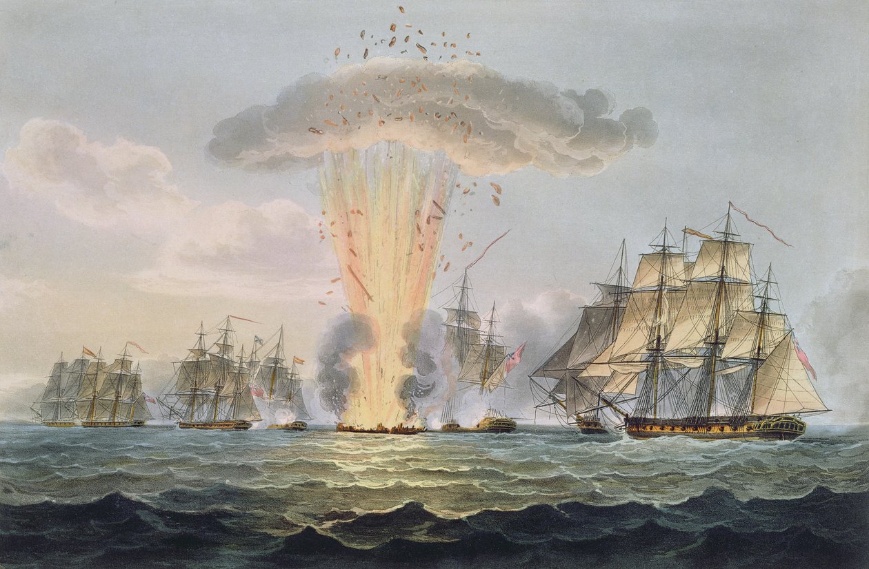 Neljän espanjalaisen fregatin kaappaus ja tuhoaminen, 5. lokakuuta 1804, Thomas Sutherlandin kaiverrus J. Jenkinsin "Naval Achievements" -teosta varten, 1816 (värikaiverrus). tekijältä Thomas Whitcombe