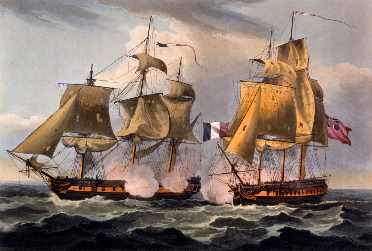 Castorin vangitseminen, Thomas Sutherlandin vedos, James Jenkinsin teoksesta The Naval Achievements of Great Britain, From the Year 1793–1817, julkaistu ensimmäisen kerran vuonna 1817 (käsinvärinen akvatinta) tekijältä Thomas Whitcombe
