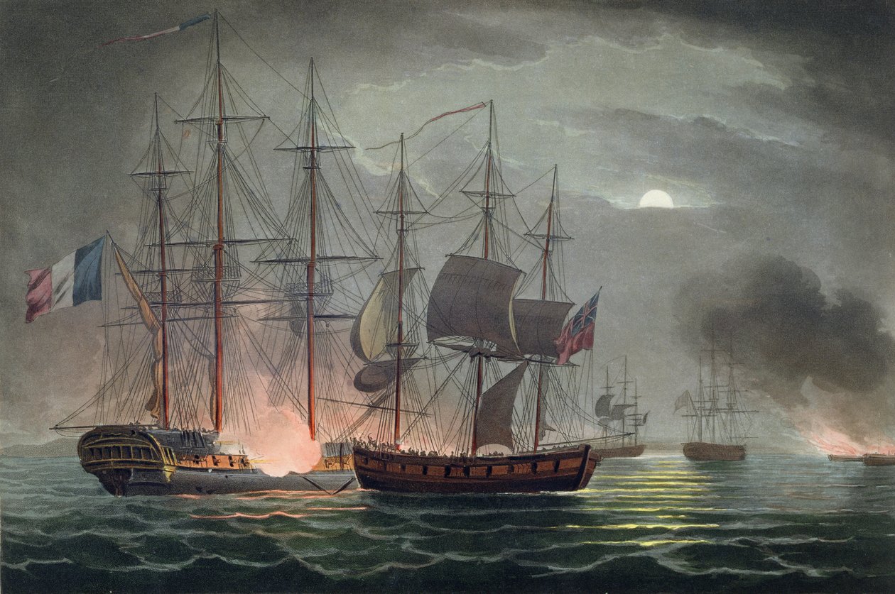 Capture of La Desiree, 7. heinäkuuta 1800, James Jenkinsin teoksesta The Naval Achievements of Great Britain, kaivertanut Thomas Sutherland (s. 1785), julkaistu 1816 (käsinvärinen akvatinta) tekijältä Thomas Whitcombe