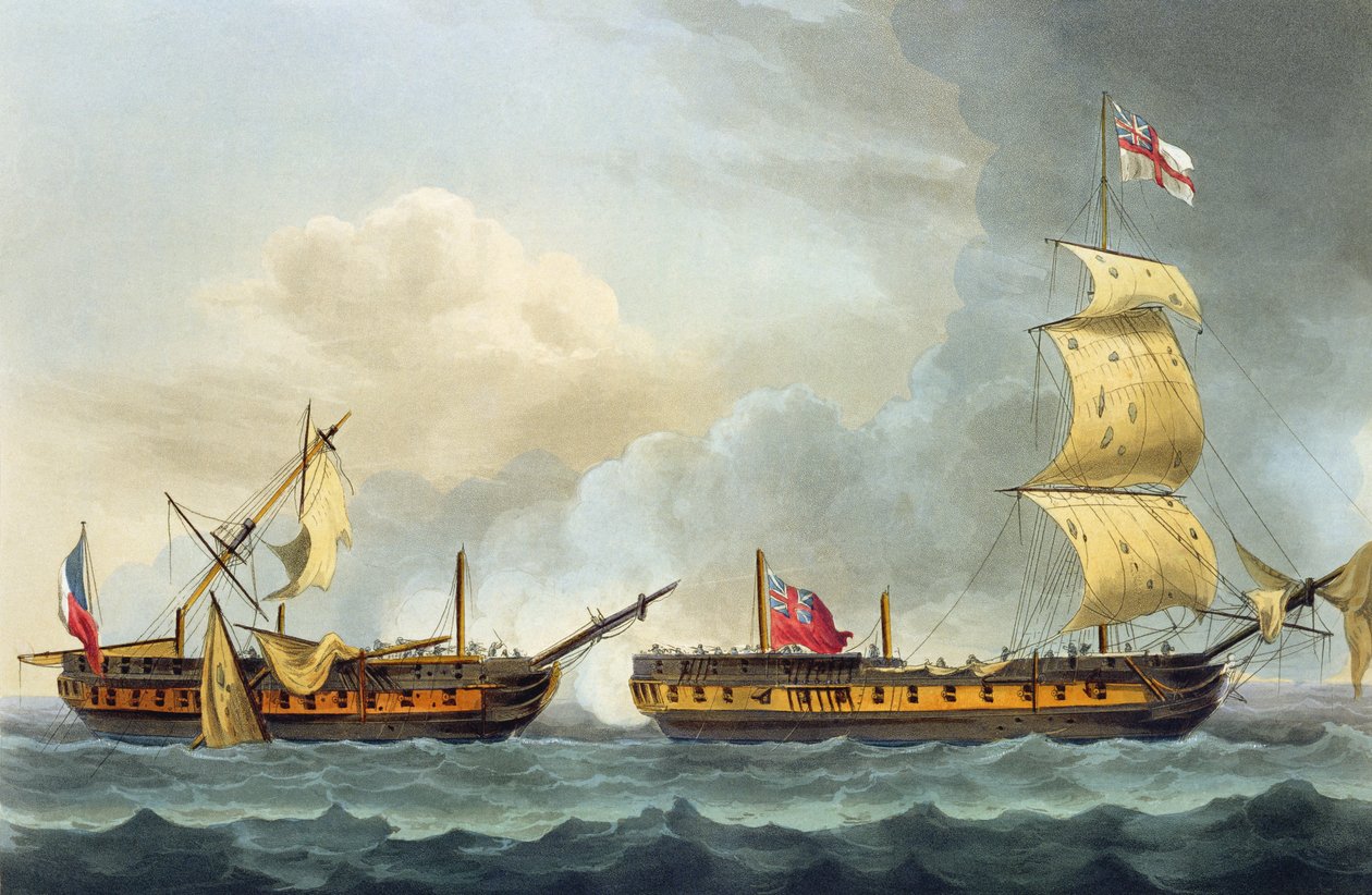 La Fiquen vangitseminen, 5. tammikuuta 1795, James Jenkinsin teoksesta The Naval Achievements of Great Britain, kaivertanut Thomas Sutherland (s. 1785), julkaistu 1816 (käsinvärinen akvatinta) tekijältä Thomas Whitcombe