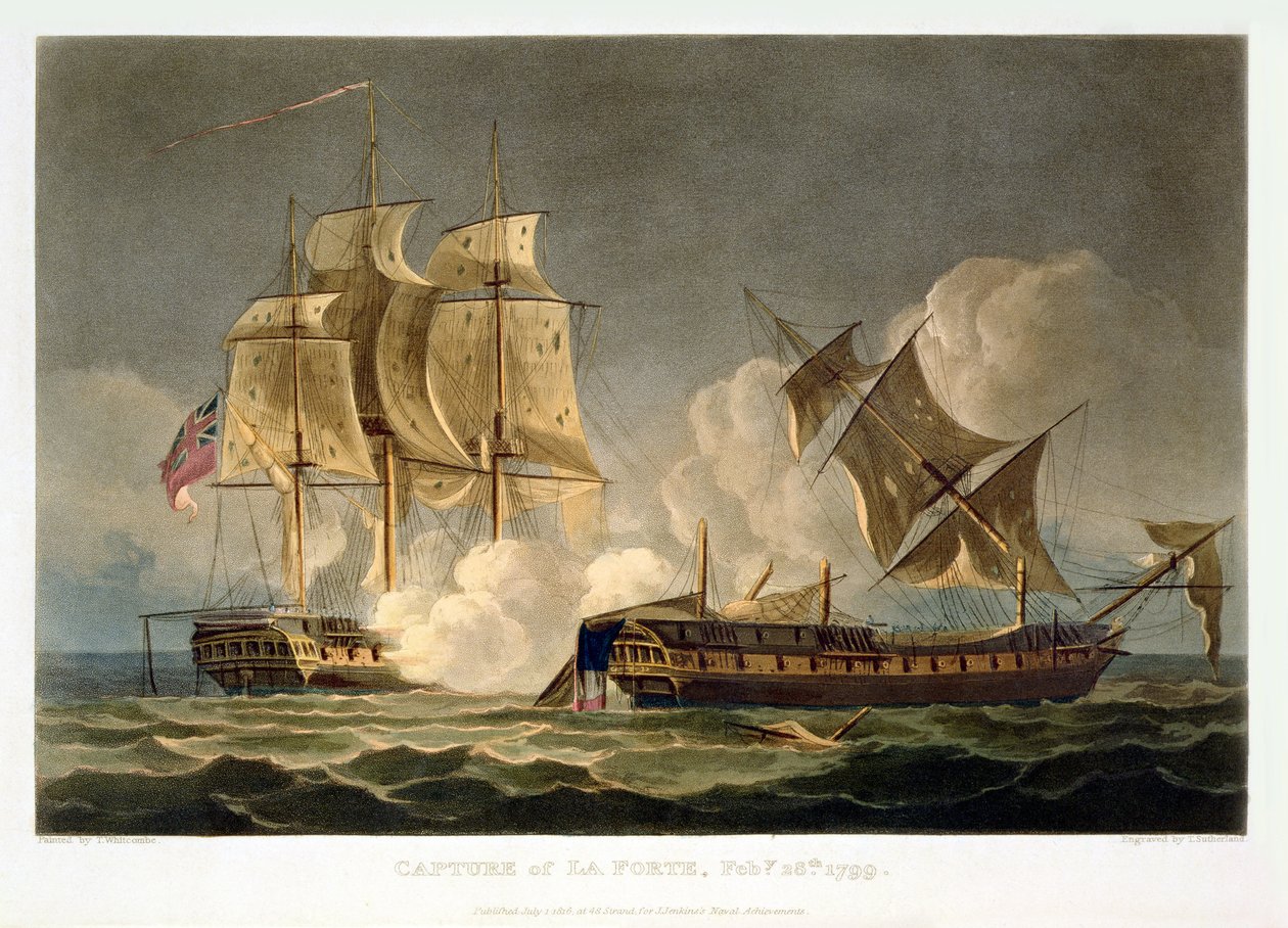 La Forten vangitseminen, 28. helmikuuta 1799, kaivertanut Thomas Sutherland J. Jenkinsin teokseen "Naval Achievements", 1816 (värikaiverrus) tekijältä Thomas Whitcombe