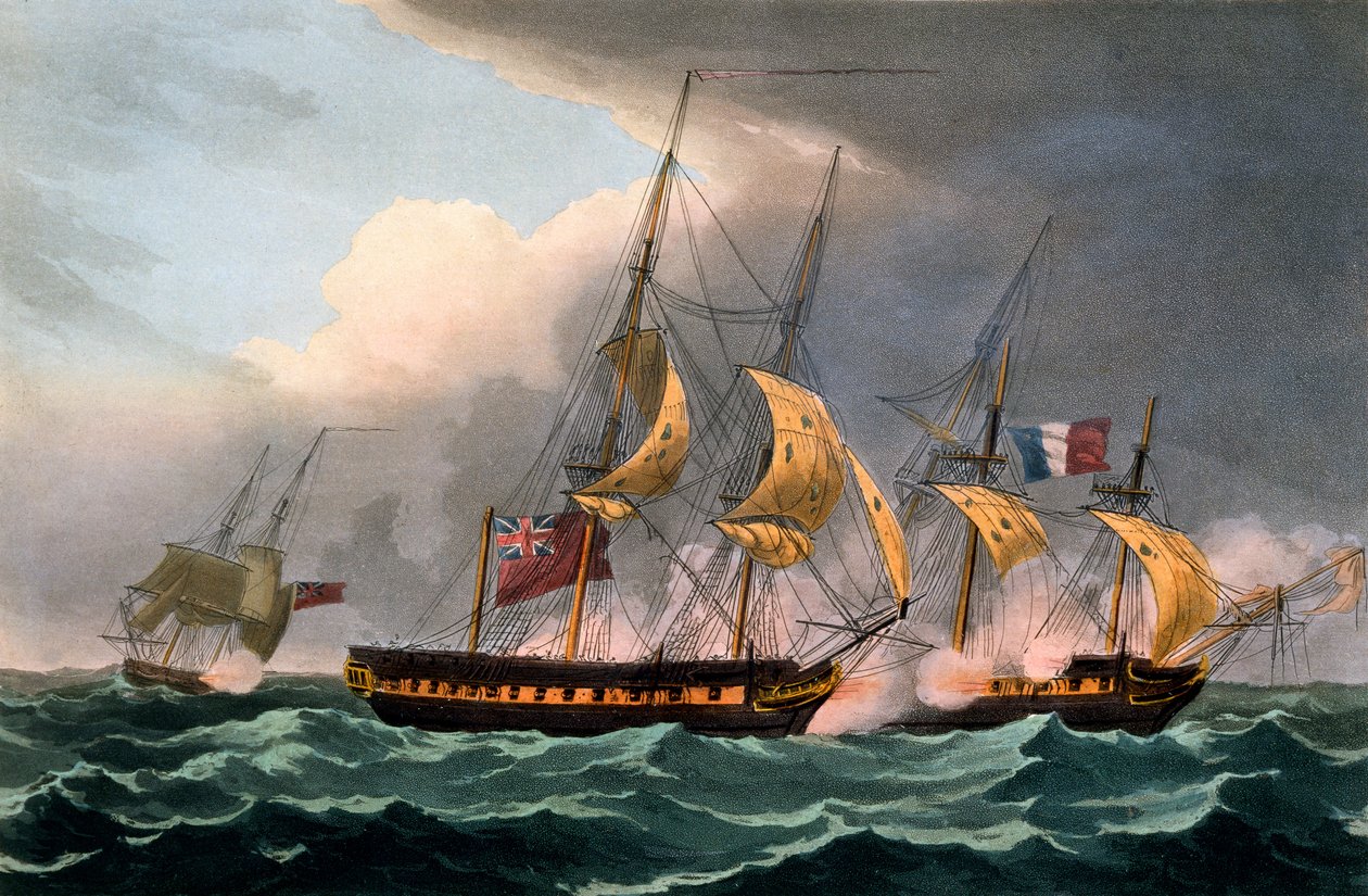 La Loiren vangitseminen, 18. lokakuuta 1798, James Jenkinsin teoksesta The Naval Achievements of Great Britain, kaivertanut Thomas Sutherland, julkaistu 1817 (käsinvärinen akvatinta) tekijältä Thomas Whitcombe