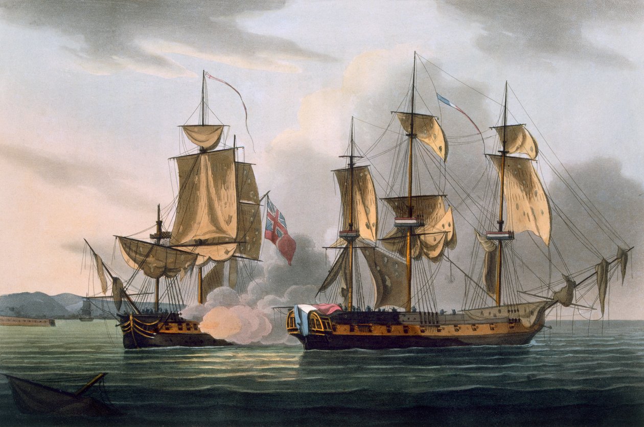 Capture of La Reunion, 21. lokakuuta 1793, James Jenkinsin teoksesta The Naval Achievements of Great Britain, kaiverrettu Joseph Jeakes (fl.1796-1809), julkaistu 1816 (käsinvärinen akvatinta) tekijältä Thomas Whitcombe