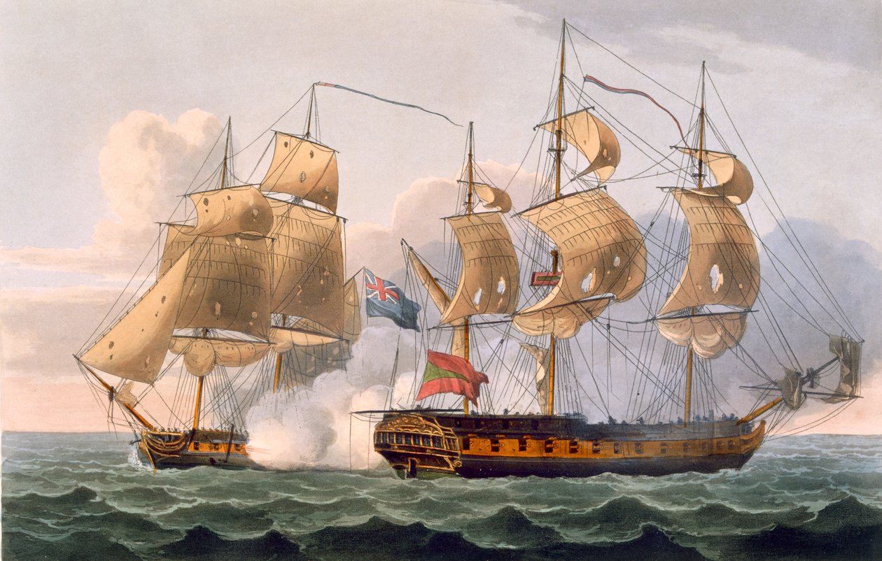 Ligurian vangitseminen, 7. elokuuta 1798, kaivertanut Thomas Sutherland J. Jenkinsin teokseen "Naval Achievements", 1816 (värikaiverrus) tekijältä Thomas Whitcombe
