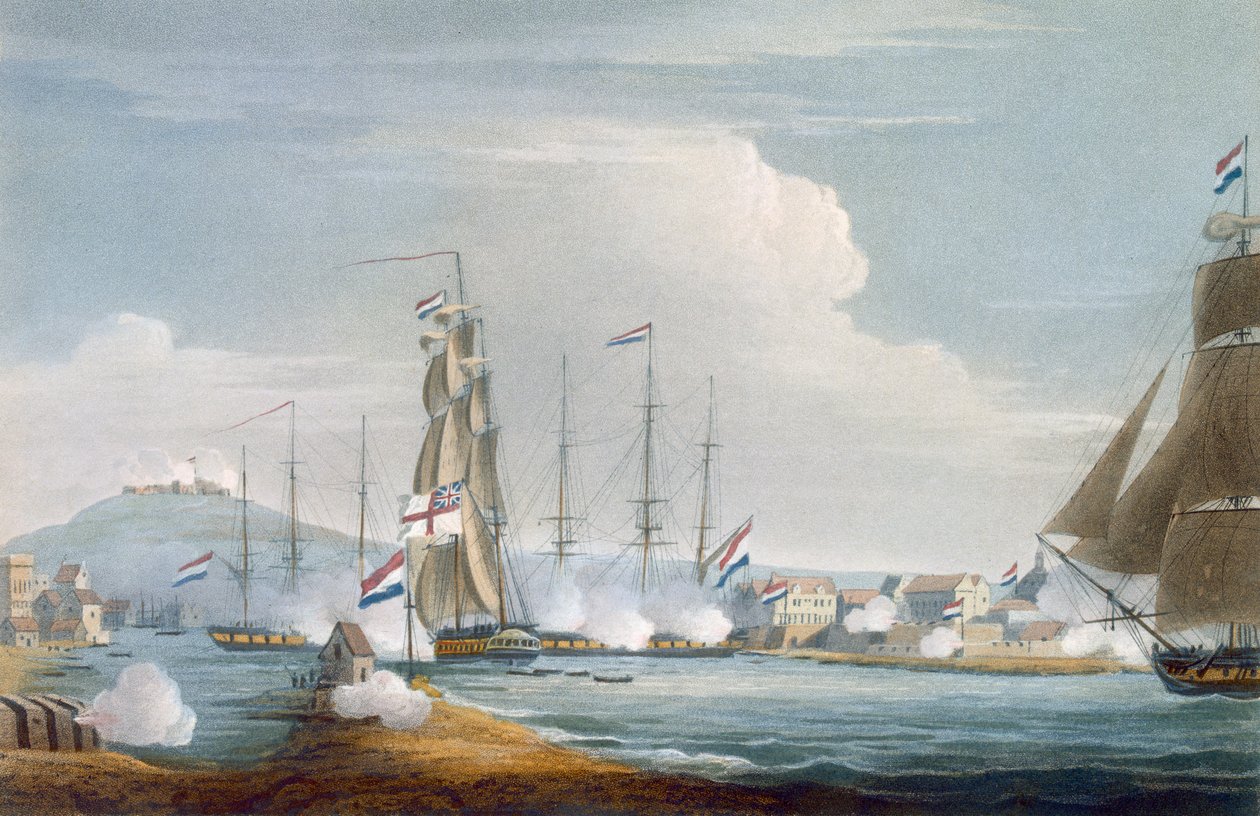 Curacoan sataman valloitus, Alankomaiden Itä-Intia, J. Baileyn kaiverrus J. Ralfen julkaisemaan teokseen "The Naval Chronology of Great Britain", julkaistu 1820. tekijältä Thomas Whitcombe