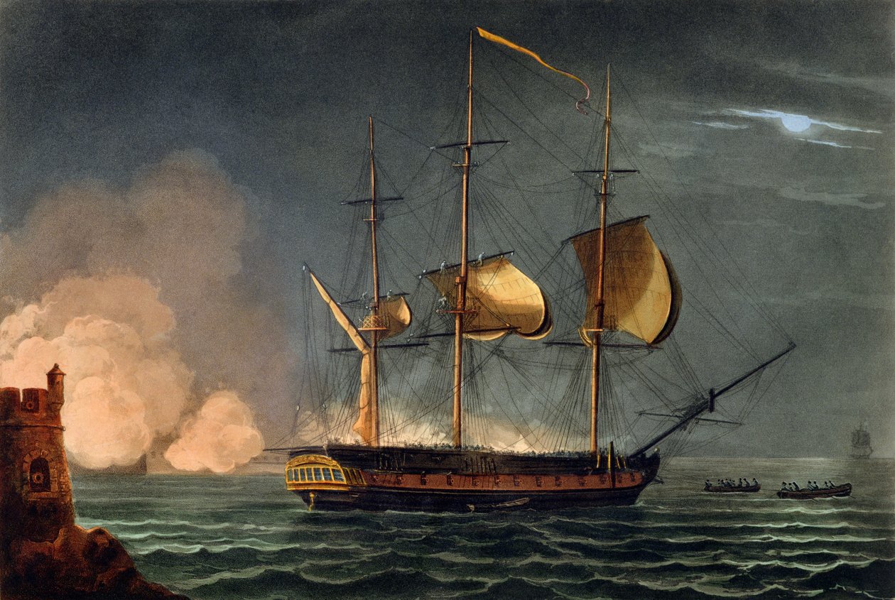 Leikkaus Hermionesta Porto Cavallon satamassa 25. lokakuuta 1799, James Jenkinsin kirjoittamasta teoksesta "The Naval Achievements of Great Britain", kaiverrettu Thomas Sutherlandin (s.n.1785) toimesta, julkaistu 18 tekijältä Thomas Whitcombe