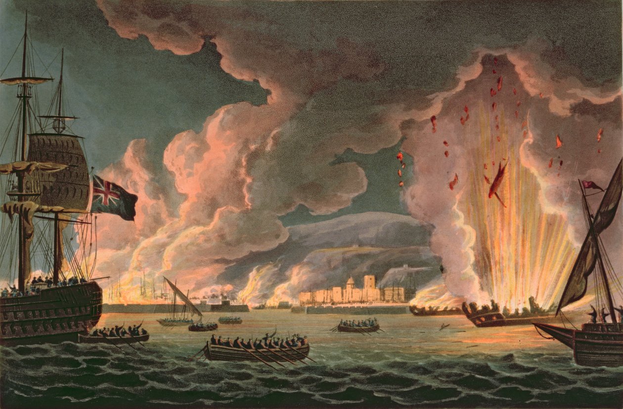 Ranskan laivaston tuhoaminen Toulonissa, 18. joulukuuta 1793, kaiverrus Thomas Sutherlandin (s. 1785) kirjoittama vuonna 1816 (katso myös 97232) tekijältä Thomas Whitcombe