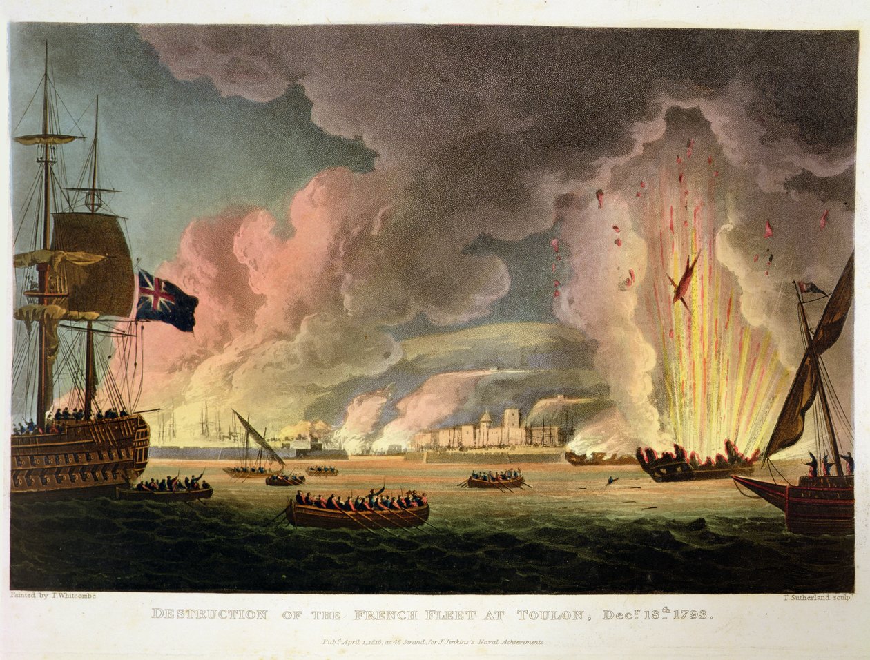 Ranskan laivaston tuhoaminen Toulonissa, 18. joulukuuta 1793, kaivertanut Thomas Sutherland J. Jenkinsin teokseen "Naval Achievements", 1816 (katso myös 286303) tekijältä Thomas Whitcombe
