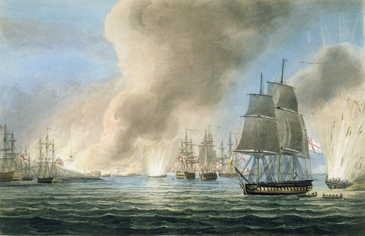 Turkin laivaston tuhoaminen, 19. helmikuuta 1807, T. Sutherlandin kaiverrus J. Ralfen teokseen "The Naval Chronology of Great Britain", julkaistu 1820 tekijältä Thomas Whitcombe