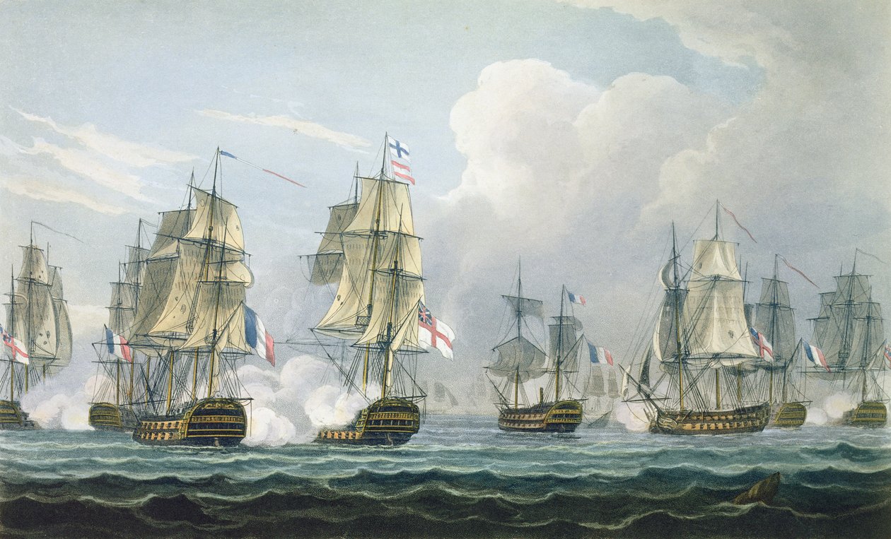 Sir Richard Strachanin toiminta Trafalgarin taistelun jälkeen 5. marraskuuta 1805, T. Sutherlandin kaivertama J. Ralfen teokselle "The Naval Chronology of Great Britain", julkaistu 1820 (värinen kaiverrus) tekijältä Thomas Whitcombe