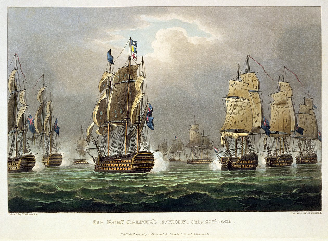 Sir Robert Calderin toiminta, 22. heinäkuuta 1805, kaivertanut Thomas Sutherland J. Jenkinsin teokseen "Naval Achievements", 1816 (värikaiverrus) tekijältä Thomas Whitcombe