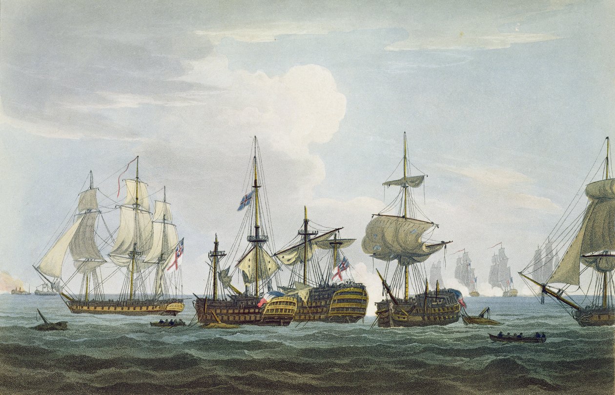 HMS Temerairen tilanne Trafalgarin taistelussa 21. lokakuuta 1805, T. Sutherlandin kaiverrus J. Ralfen teokseen "The Naval Chronology of Great Britain", julkaistu 1820 tekijältä Thomas Whitcombe