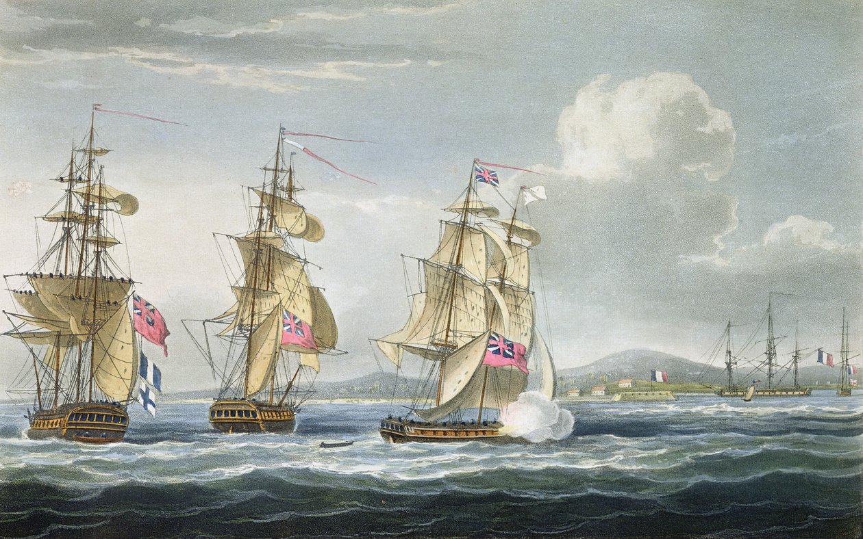 Tamataven linnoituksen antautuminen, T. Sutherlandin kaiverrus J. Ralfen teokseen "The Naval Chronology of Great Britain", julkaistu 1820 tekijältä Thomas Whitcombe