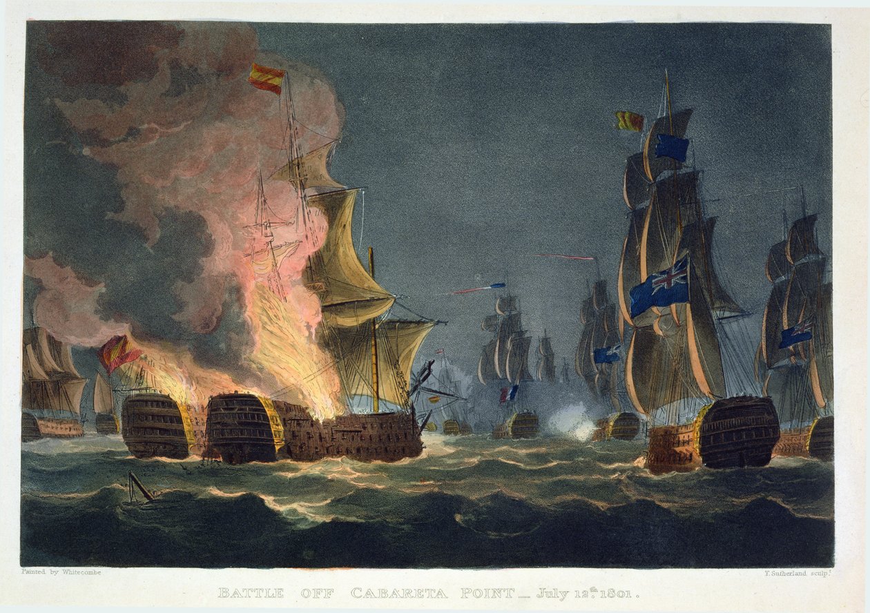 Cabareta Pointin taistelu, 12. heinäkuuta 1801, kaivertanut Thomas Sutherland J. Jenkinsin teokseen "Naval Achievements", 1816 (värikaiverrus) tekijältä Thomas Whitcombe