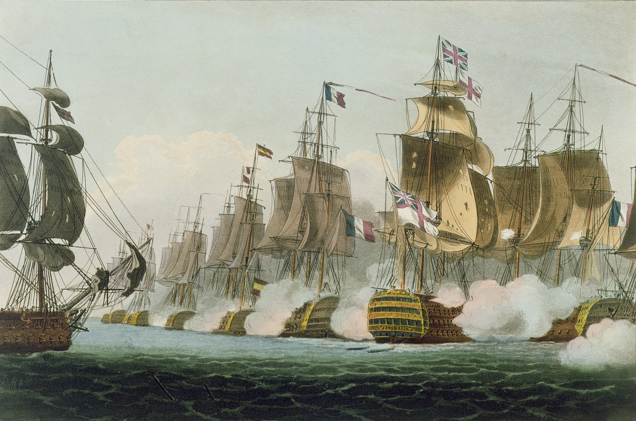 Trafalgarin taistelu, 21. lokakuuta 1805, kaivertanut Thomas Sutherland J. Jenkinsin "Naval Achievements" -teokselle, 1816 tekijältä Thomas Whitcombe