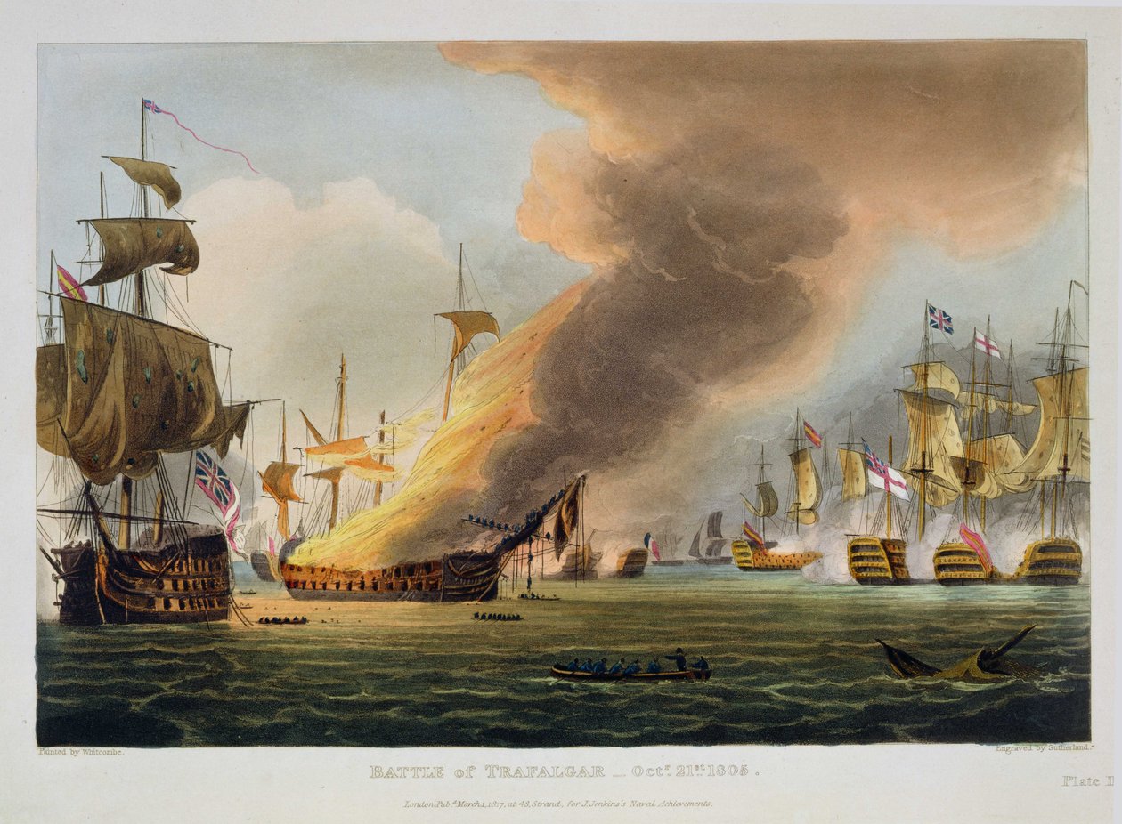 Trafalgarin taistelu, 21. lokakuuta 1805, kaivertanut Thomas Sutherland J. Jenkinsin teokseen "Naval Achievements", 1816 (värikaiverrus) tekijältä Thomas Whitcombe