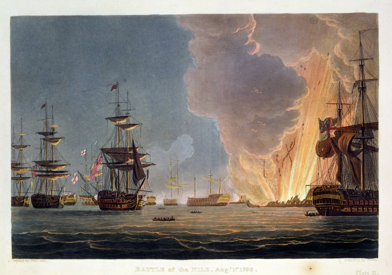 Niilin taistelu, 1. elokuuta 1798, kaivertanut Bailey J. Jenkinsin "Naval Achievements" -teokselle, 1816 (värikaiverrus) tekijältä Thomas Whitcombe