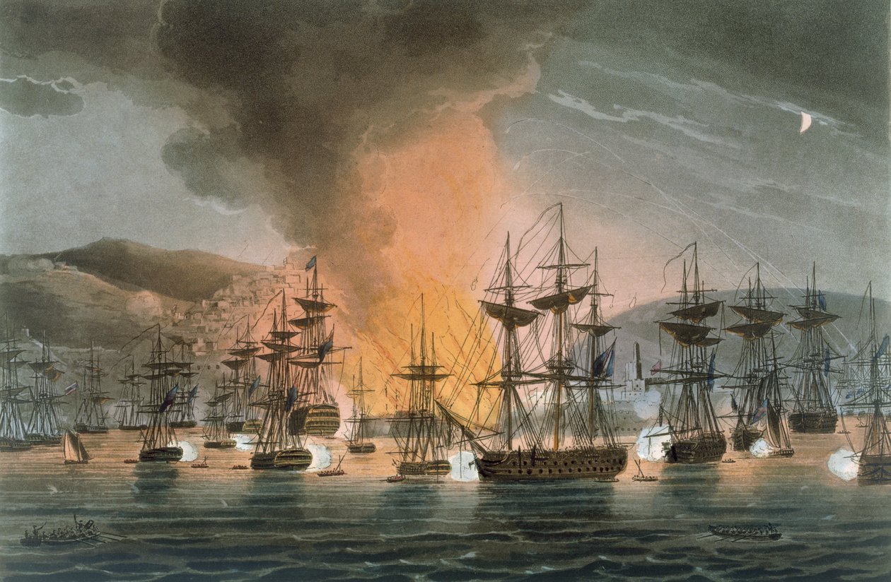 Algerin pommitus, 27. elokuuta 1816, James Jenkinsin teoksesta The Naval Achievements of Great Britain, kaivertanut Thomas Sutherland (s. 1785), julkaistu 1817 (käsinvärinen akvatinta) tekijältä Thomas Whitcombe