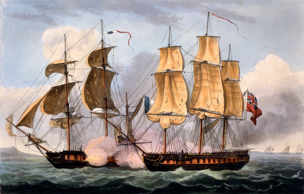 The Capture of La Confiante, 31. toukokuuta 1798, James Jenkinsin teoksesta The Naval Achievements of Great Britain, kaivertanut Thomas Sutherland, julkaistu 1817 (käsinvärinen akvatinta) tekijältä Thomas Whitcombe