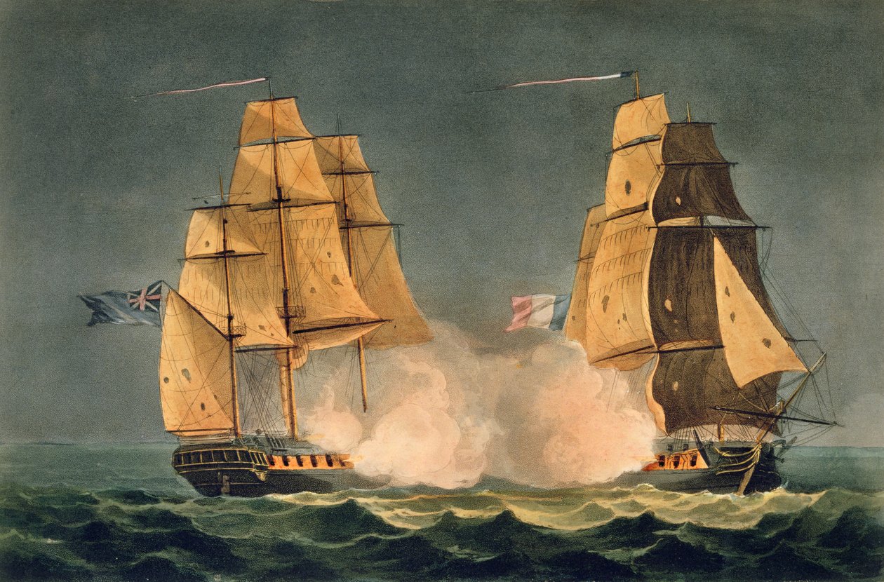 The Capture of La Nereide, 21. joulukuuta 1797, kaivertanut Thomas Sutherland J. Jenkinsin teokseen "Naval Achievements", 1816 (värikaiverrus) tekijältä Thomas Whitcombe