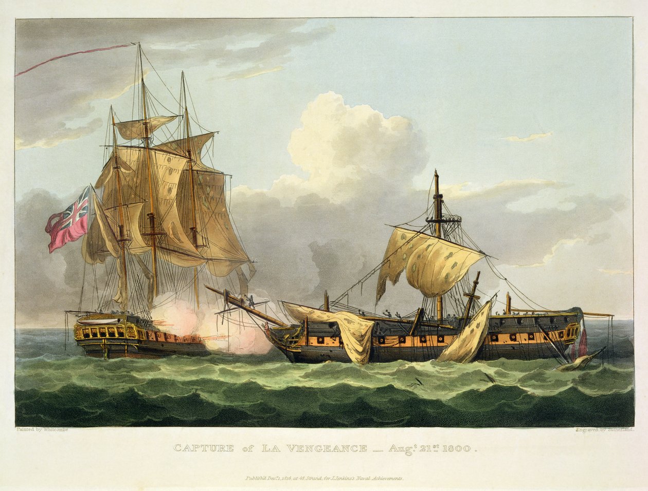 The Capture of La Vengeance, 21. elokuuta 1800, kaivertanut Thomas Sutherland J. Jenkinsin teokseen "Naval Achievements", 1816 (värikaiverrus) tekijältä Thomas Whitcombe