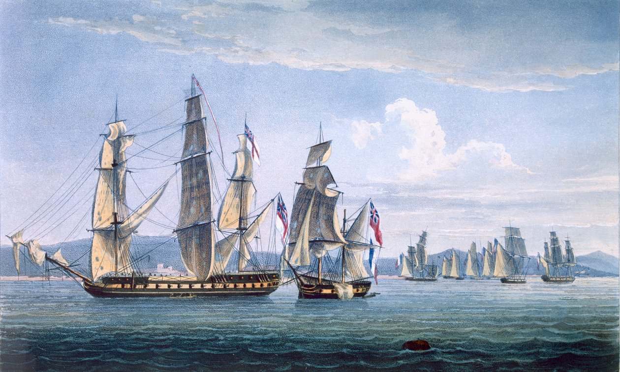 Le Sparvieren saarto 3. toukokuuta 1810, T. Sutherlandin kaiverrus J. Ralfen teosta "The Naval Chronology of Great Britain" varten, julkaistu 1820. tekijältä Thomas Whitcombe