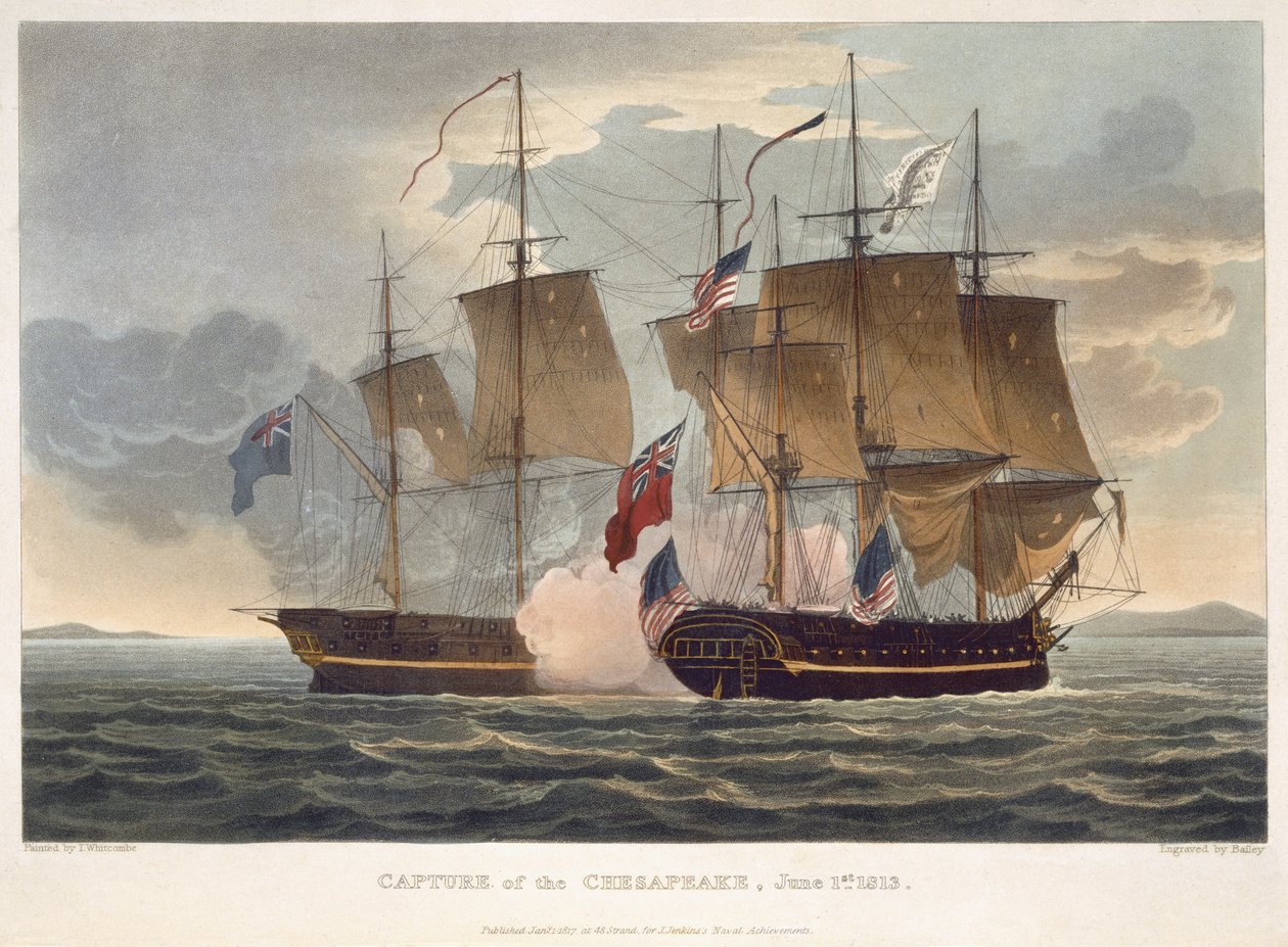 The Capture of the Chesapeake, 1. kesäkuuta 1813, kaivertanut Bailey J. Jenkinsin "Naval Achievements" -teokselle, 1816 (värikaiverrus) tekijältä Thomas Whitcombe
