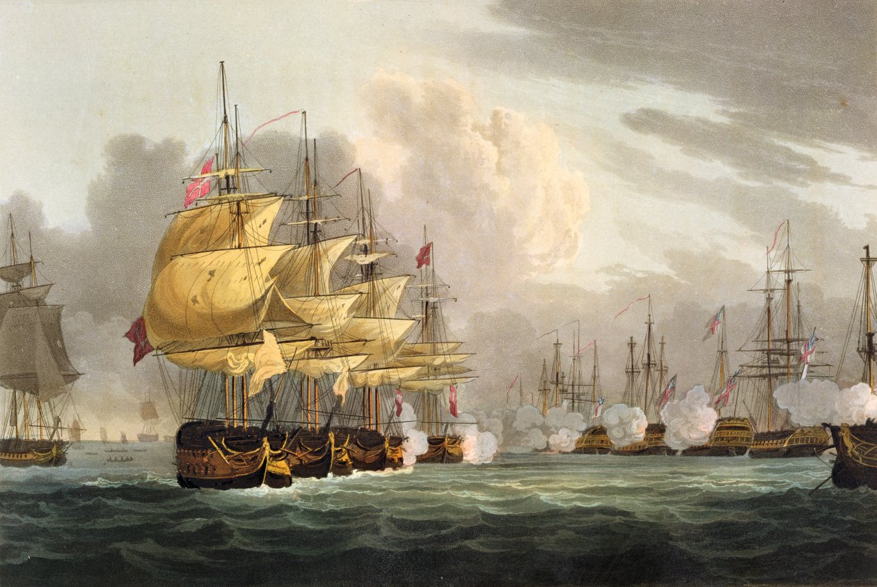 Tanskan laivaston tuhoaminen ennen Kööpenhaminaa, 2. huhtikuuta 1801, kaivertanut Bailey J. Jenkinsin teokseen "Naval Achievements", 1816 (värikaiverrus) tekijältä Thomas Whitcombe