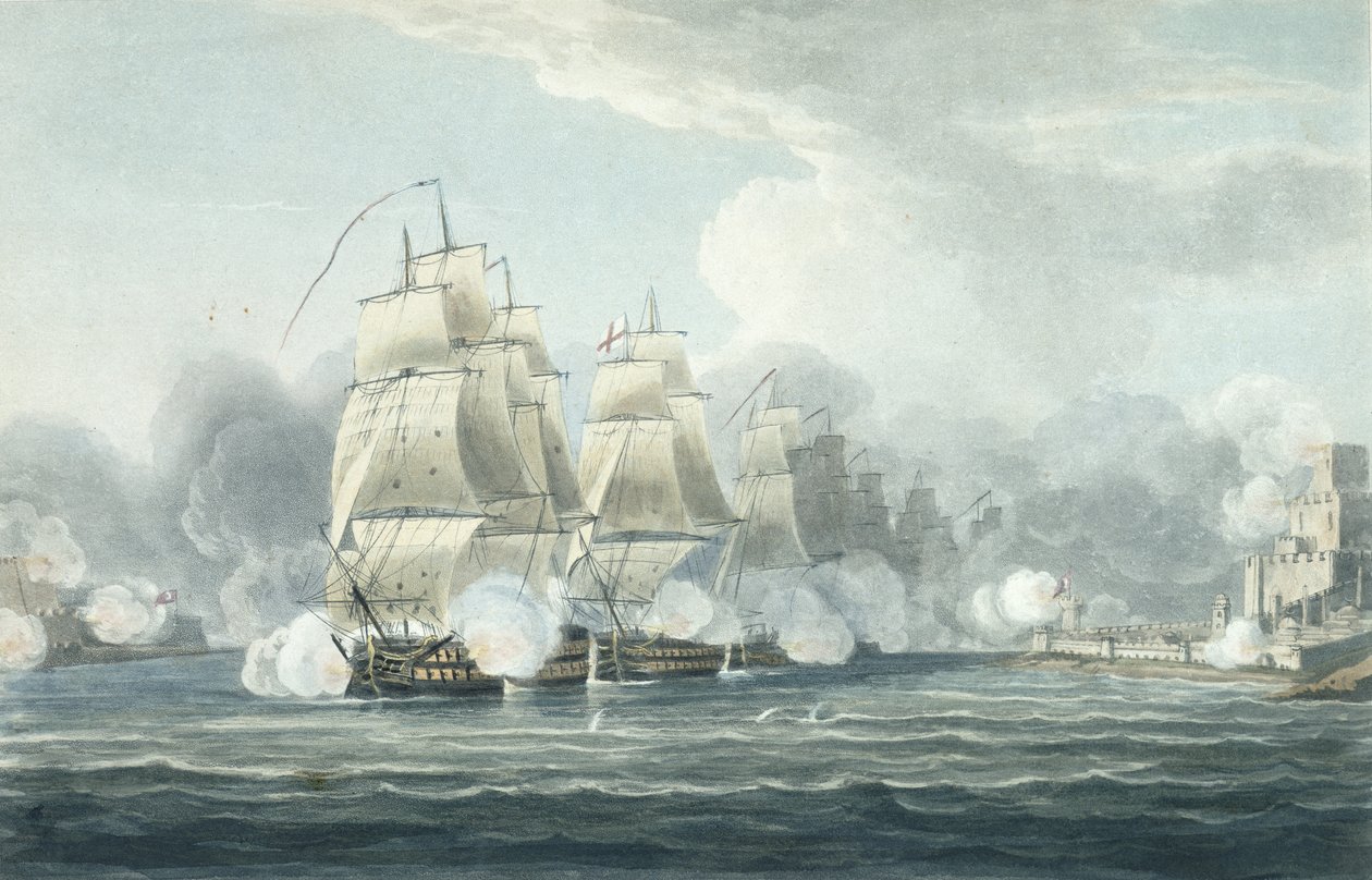 Sir F.T Duckworthin komennossa oleva laivue pakotti Dardanellien kapeaa väylää 19. helmikuuta 1807, kaivertanut T. Sutherland J. Ralfen teokseen "The Naval Chronology of Great Britain", julk. tekijältä Thomas Whitcombe