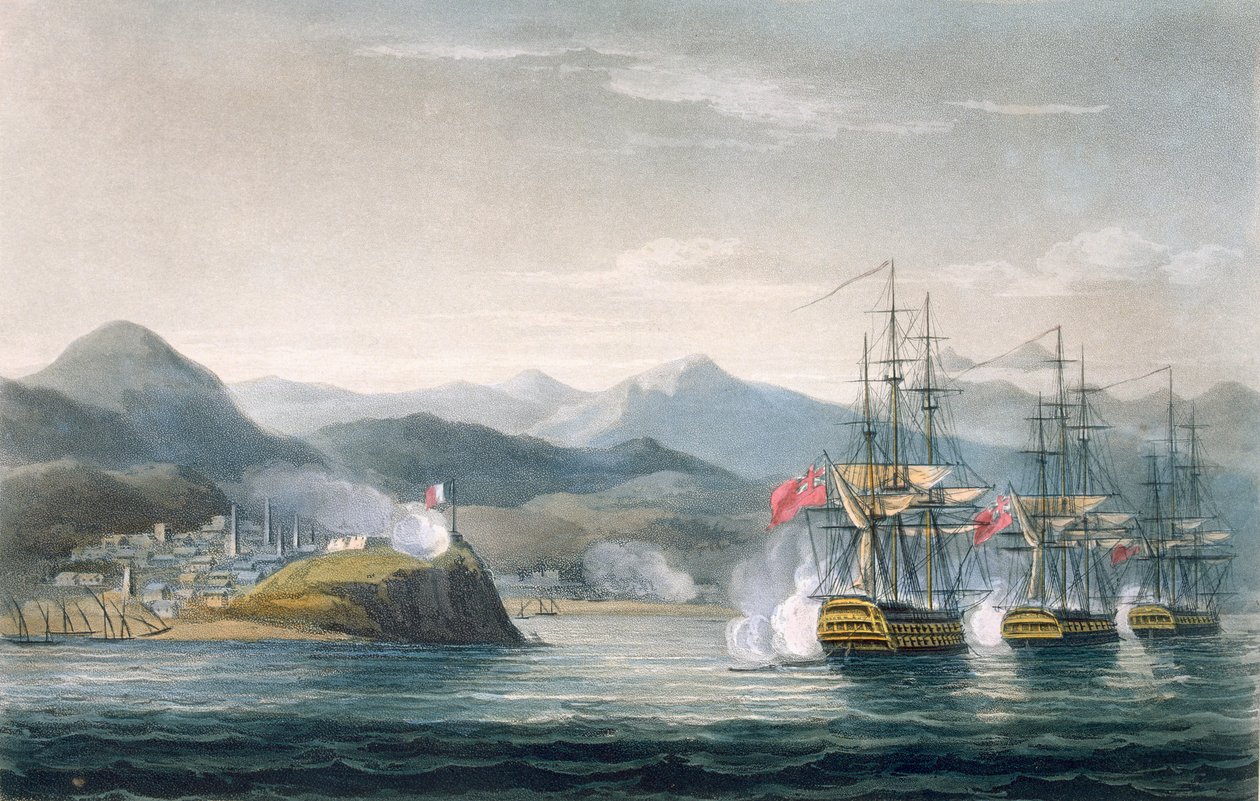 Sir J. Brisbanen komennossa oleva laivue hyökkää Maurigion linnoitukseen 12. huhtikuuta 1814, T. Sutherlandin kaivertama J. Ralfen teokselle "The Naval Chronology of Great Britain", julkaistu 1820 (väri) tekijältä Thomas Whitcombe