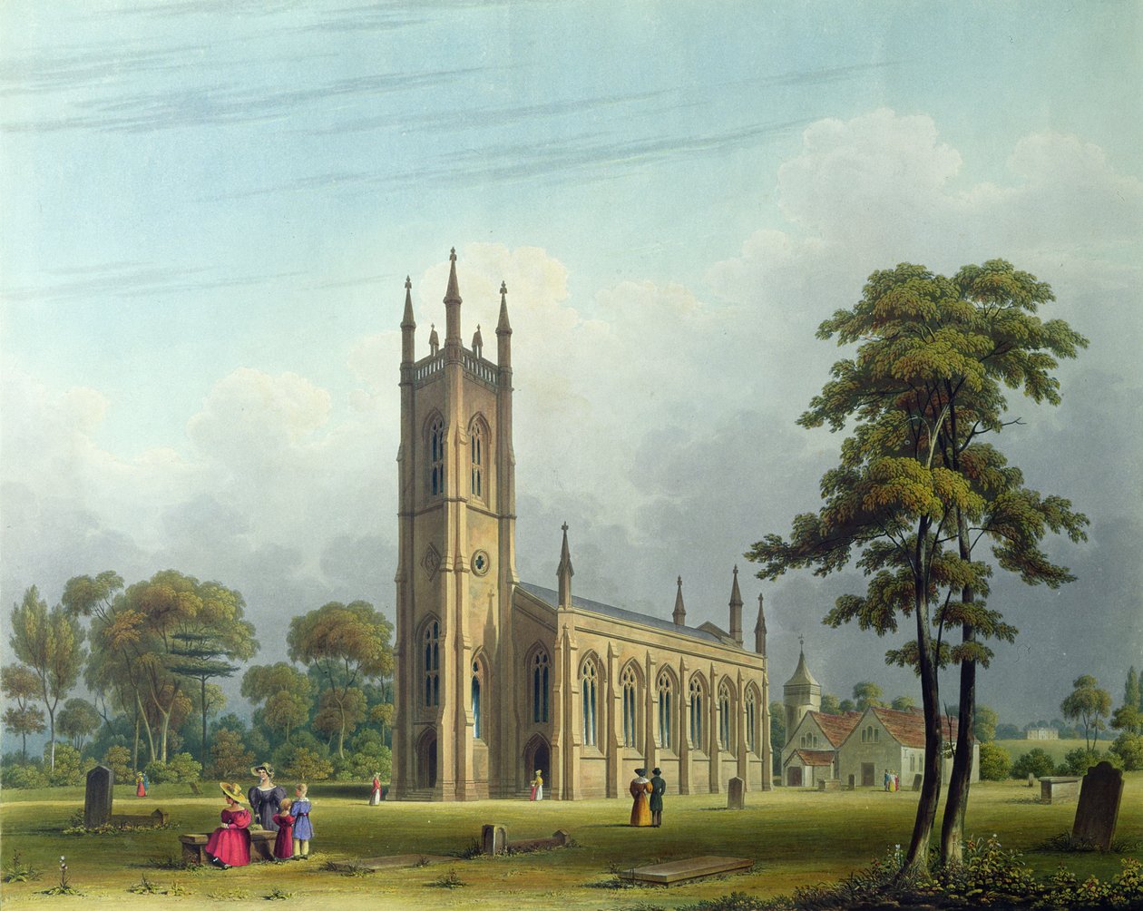 Lounaisnäkymä Pyhän Nikolauksen kirkolle, Lower Tooting tekijältä Thomas Witlam Atkinson