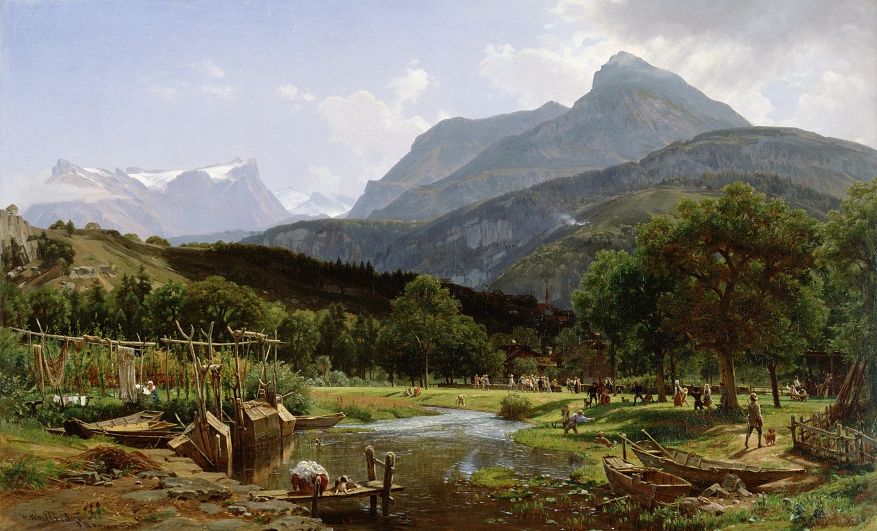 Näkymä lähellä Brunnenia Luzernjärvellä, Sveitsi, 1857 tekijältä Thomas Worthington Whittredge