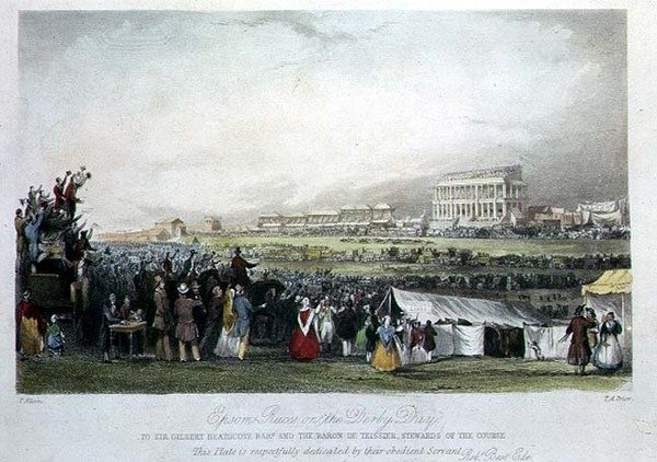 Epsom Races on Derby Day, 1841, (käsinvärinen kaiverrus) tekijältä Thomas Allom