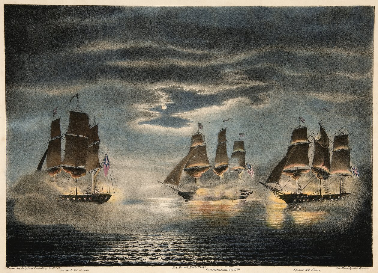 H.M.:n vangitseminen Alukset Cyane and Levant, US Fregate Constitution, Army and Navy Magazine, pub. 1840 tekijältä Thomas after Birch